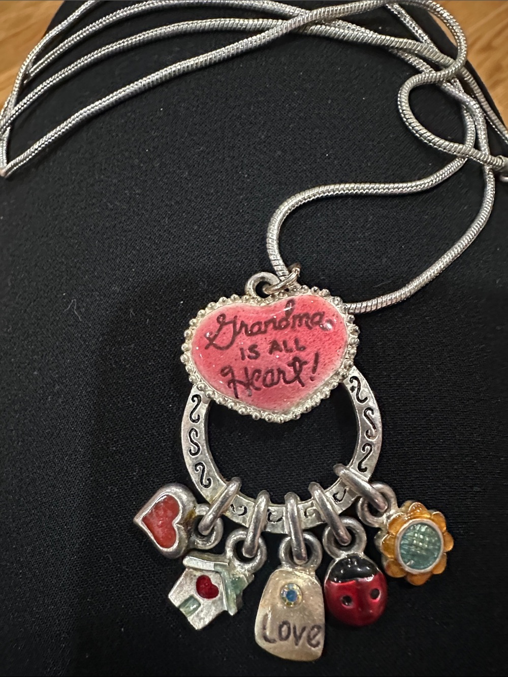 Silver Charm Necklace with Pink Heart 'Grandma is All Heart' Pendant